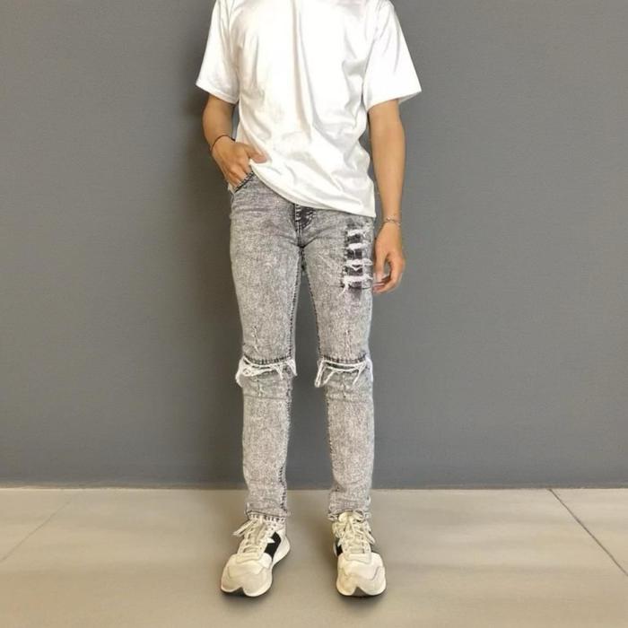 Celana Jeans Panjang Skinny Pria Abu Sandwash Sobek Destory Premium | Celana Jeans Pria Abu Sandwash