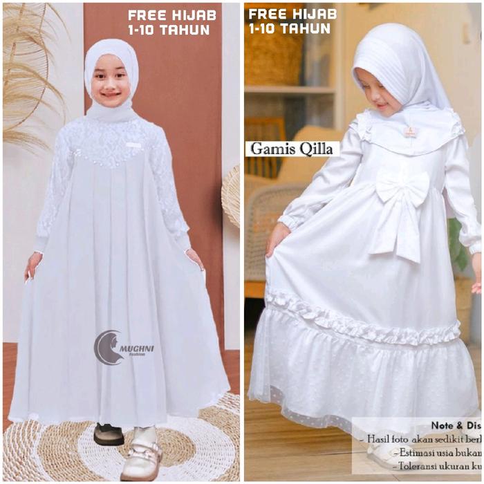 Qilla white Set Gamis Anak Perempuan Manasik Haji Anak Tk Syari 2023 Putih Polos