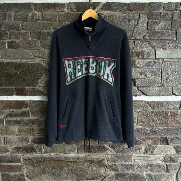 Reebok • Very Rare Vintage 90's Front Logo Halfzip Sweatshirt Size L (70x59cm) Preloved Used Second