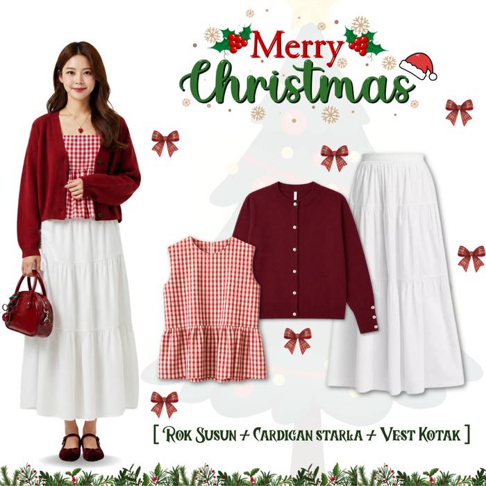 Noelle Christmas Cardigan Set | Rok Susun + Cardigan Starla + Vest Kotak | Outfit Non Hijab Kekinian