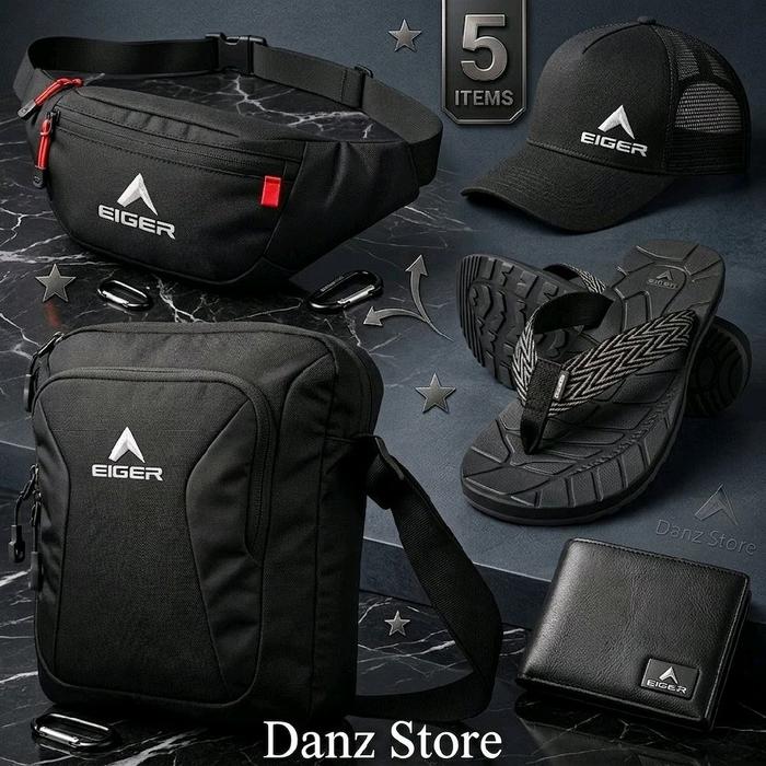 Paket Komplit 5 Pcs Produk Eiger Pria Berkualitas Waistbag Slingbag Sandal Topi Dompet Tas Selempang
