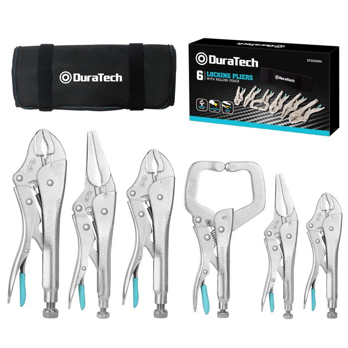 Duratech 6PC CR-V Locking Pliers Set, Long Nose Locking Pliers, Curved Jaw Locking Pliers, C-clamp L
