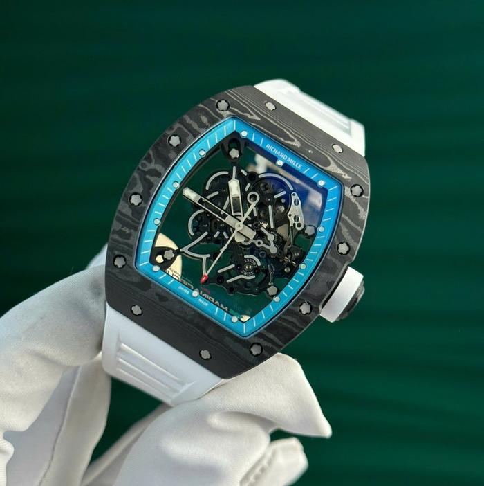 RM55 CARBON JAM TANGAN AUTOMATIC RM CARBON SWISS SOFT RUBBER STRAP COMBINASI BLUE DIAL TRANSPARANT B