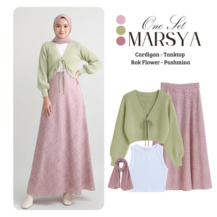 Marsya One Set 4in1 Set Outfit Korean Style | Cardigan Rajut - Tanktop - Rok Motif Bunga - Pashmina 