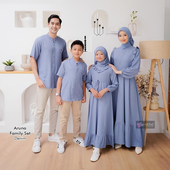 Zenitha - Aruna Denim/Caramel Sarimbit Keluarga Lebaran Couple Family Set Premium Baju Muslim Ruffle