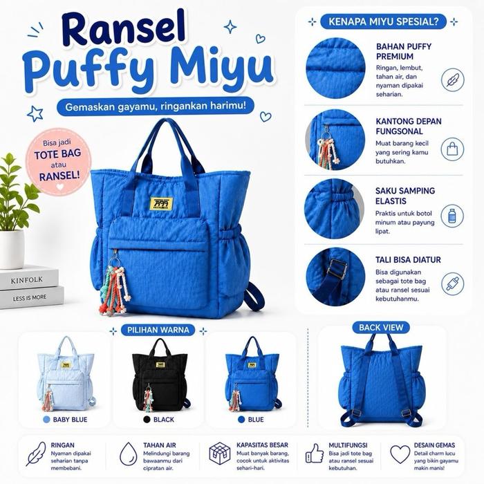 Ransel Puffy Miu Vinka Medium TotePack Tab 11inch Tas Ransel Wanita Korean Style Multifungsi dengan 