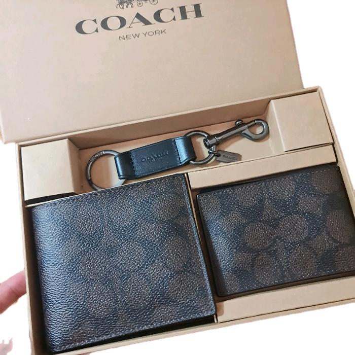 Coach Dompet Pria 3in1 Boxy Signature Brown Black Walnuts Include Box Original Quality