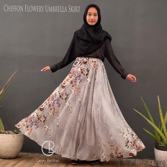 Rok Panjang Wanita Payung Lebar Motif Bunga Sifon Chiffon Ceruti Ceruty Flowery Umbrella Skirt