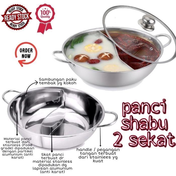 Panci Shabu 2 Sekat Jumbo 30Cm Tutup Kaca / Panci Hotpot Tempat Shabu 2 Sekat Panci Bubur 2 Bagian 5