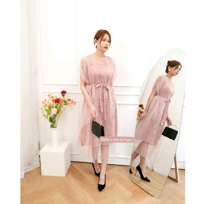 HM Dress Maggie 3 Ukuran M L XL Fashion Pakaian Baju Wanita Gaun 2in1 Inner dan Outer dusty pink den