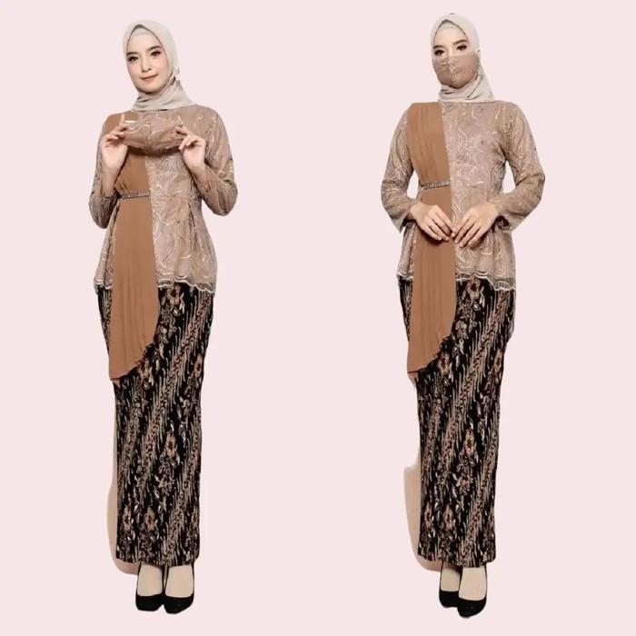 Setelan Kebaya Modern Selendang Warna Mocca Bahan Tulle Full Furing Muslim Wanita Dress Mutiara Panj