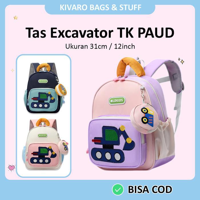 PREMIUM Tas Excavator Anak TK Perempuan Bonus Pouch Warna Ungu Pink Umur 2-5th Ukuran 31cm | 868 Ki