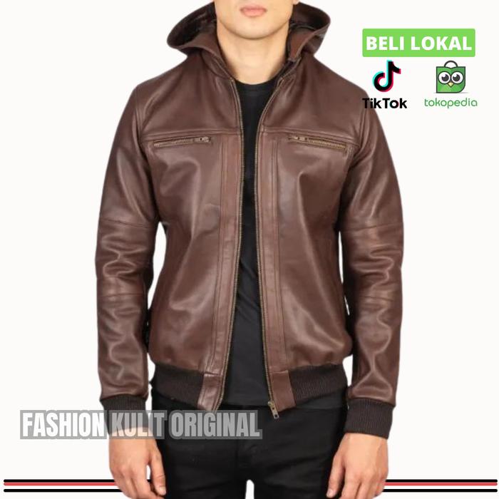 ERKAPROLEATHER-Jaket Hoodie Pria Kupluk-Jaket Kulit Domba 100% Asli Garut- Slimfit-Warna Coklat Kopi