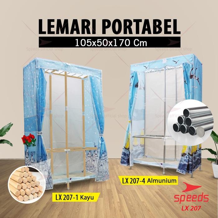 SPEEDS Lemari Baju Portable Bongkar Pasang Lemari Pakaian Rak Baju Lemari Kain Rak Besi Kayu LX 207