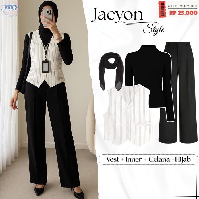One Set Wanita Casual Look Hangout Kekinian (Vest Stripe Broken White, Inner Spandek, Celana Jennie 