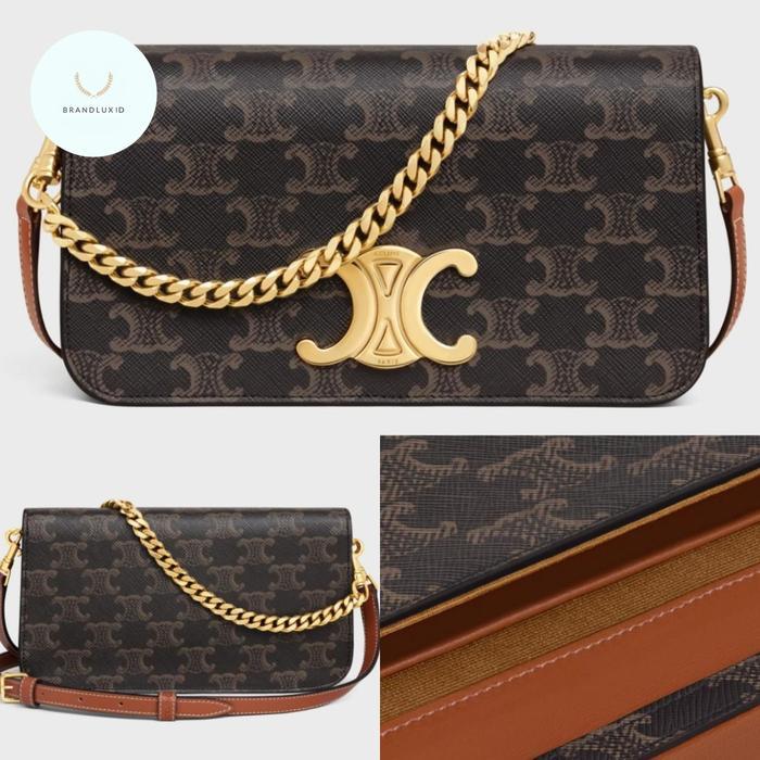 CELINE TRIOMPHE MULTIPOCHETTE MULTI POCHETTE TOILLE TAN MONOGRAM SLING GHW WITH 2 STRAP (CHAIN AND L