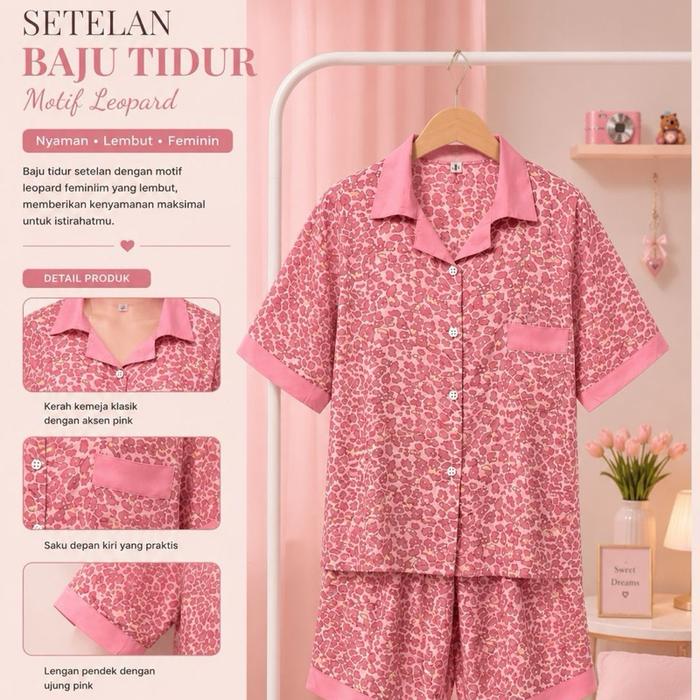 One Set Celana Pendek Motif Leopard Bahan Rayon Halus Kekinian