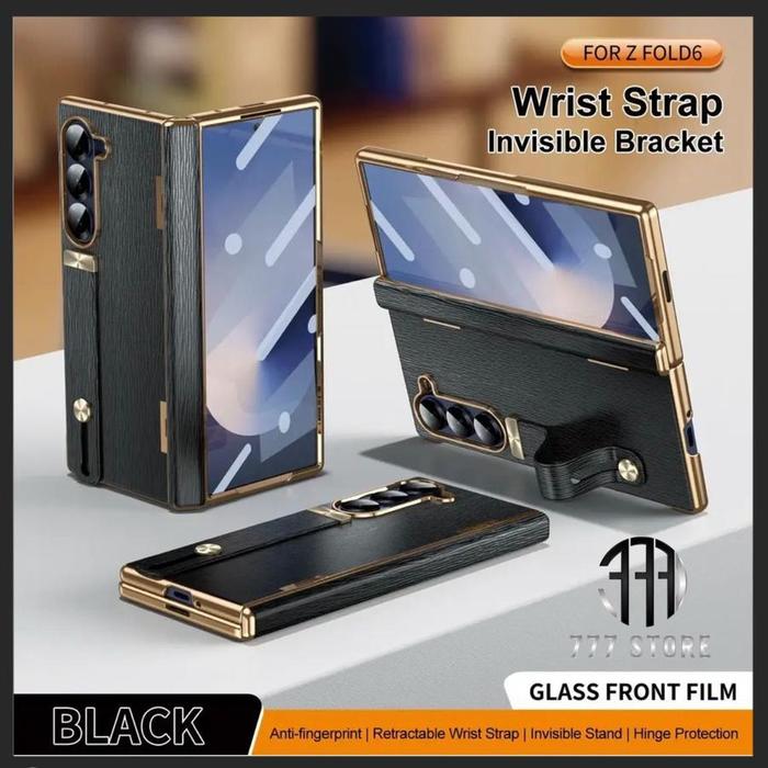 Case Z Fold 3 | 4 | 5 | 6 | 7 Leather List Chrome + Wrist Strap Hard Cover Casing Hardcase Z Fold4 F