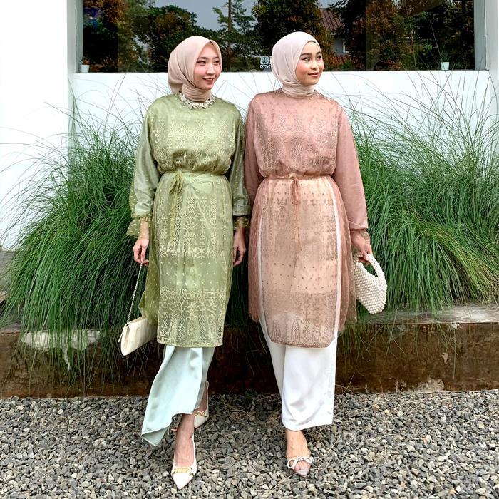 Outer Tunik Organza Etnik Tile Dot Viral Nara By Rno Muslim Panjang Wanita Atasan Terbaru !!!