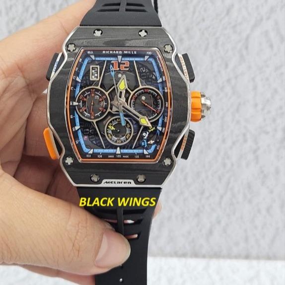 RM65 MCLAREN BLACKWINGS JAM TANGAN MCLAREN SWISS CARBON CASE BLACK RUBBER STRAP AUTOMATIC RM 65