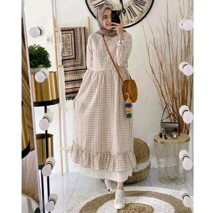 ZELINE MAXI gamis kotak kotak cream