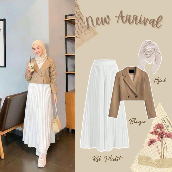 One Set Kekinian 3In1 | Rok Plisket Putih + Blazer Crop Cream + Hijab Bella Square Ivory | Outfit Wa