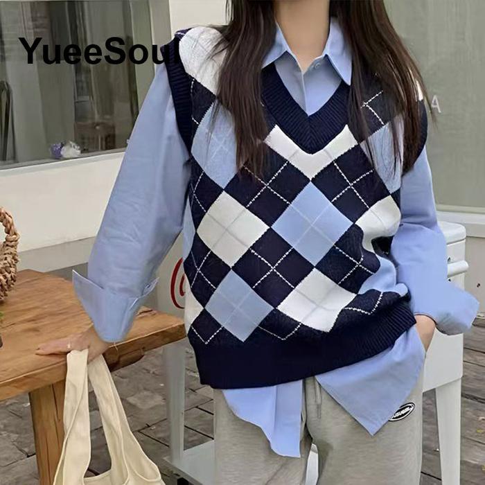 Blue Argyle Women's Vest Plaid Sleeveless Pullover Loose Knitted Sweater Vest 2026 New Autumn Y2K Ca