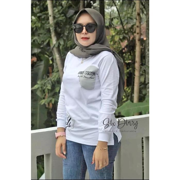 Kaos Wanita Atasan Wanita Kaos Lengan Panjang Wanita Six Diary WARNA PUTIH Motif SEGITIGA // SIX DIA