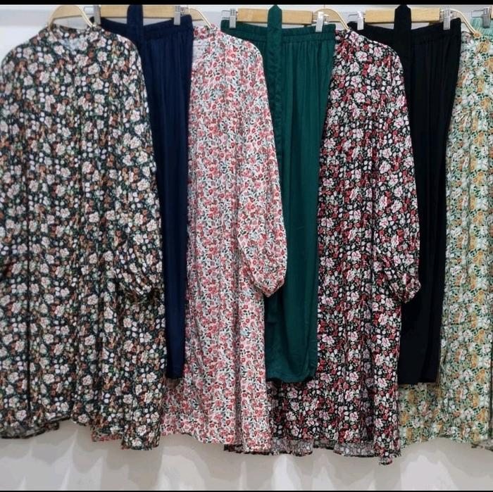 Oneset long tunik motif bunga rayon twill Allsize
