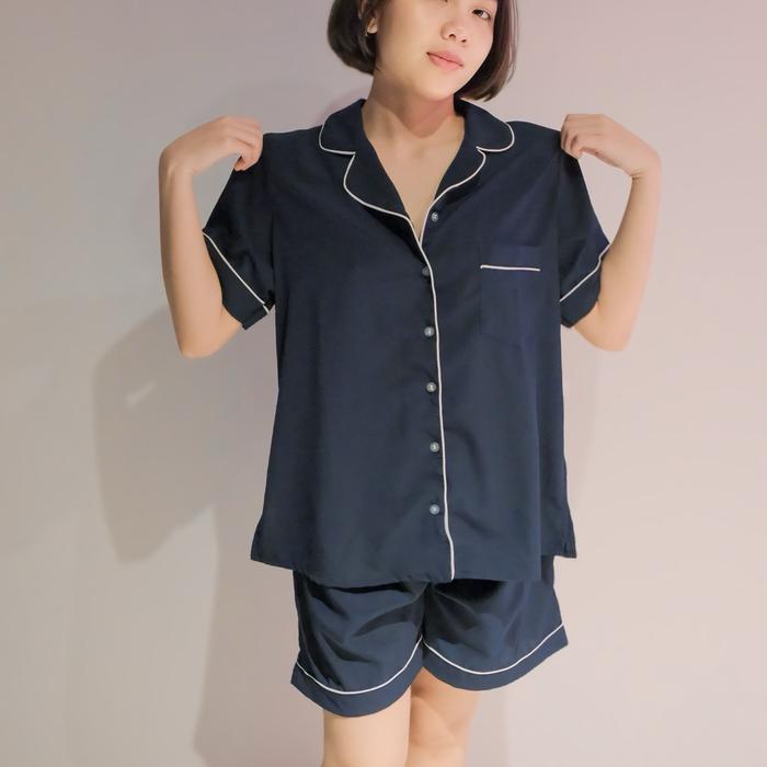 Piyama Setelan Baju Tidur Perempuan, Short Sleeve Biru Dongker Katun Rayon, Adem, dan Nyaman - Home 