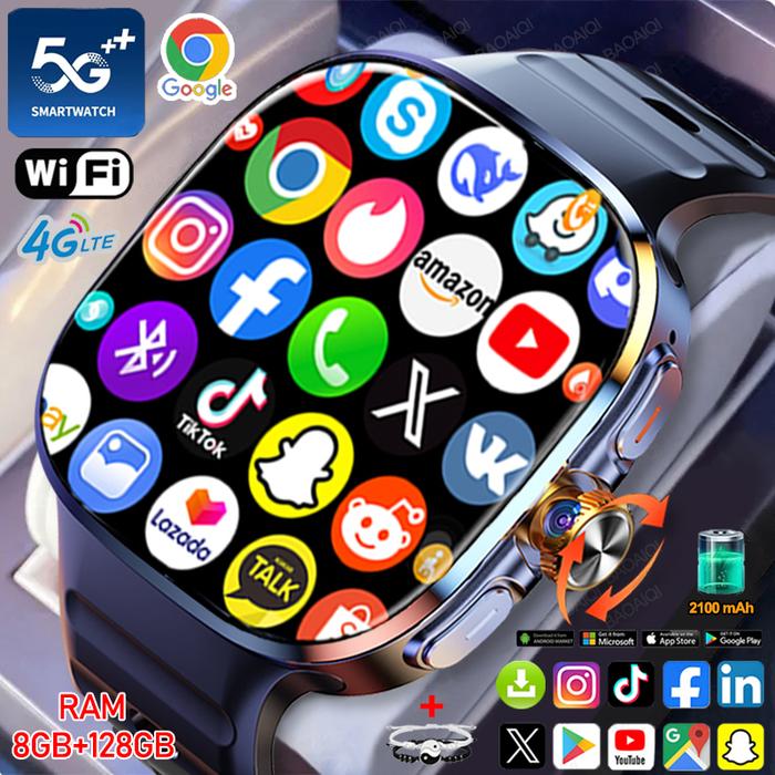 8GB+128GB RAM 5G/4G Smart Watch 2.4 inch AMOLED 2100mah Battery 900W Camera GPS WIFI Google APPS Dow