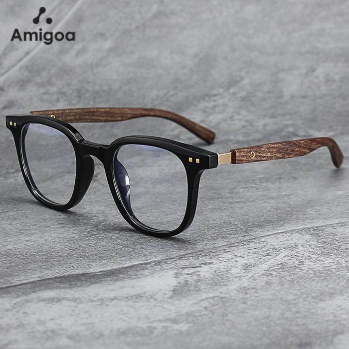 Amigoa Kacamata Premium Anti Cahaya Biru Kacamata Frame Kayu Klasik Retro Sastra Kacamata Pelindung 