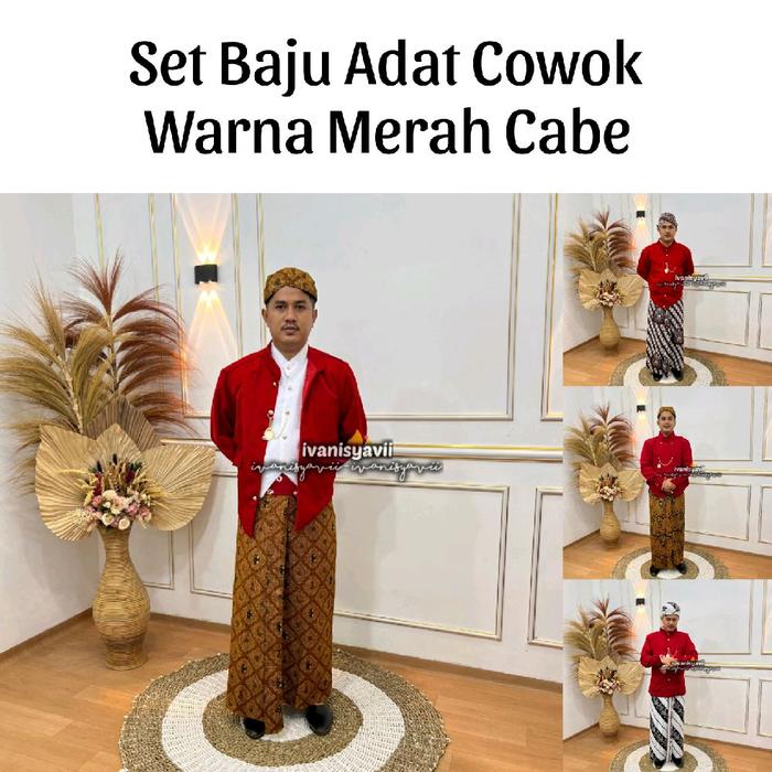 [1set] Pakaian Adat Jawa - Beskap + Jarik + Benggol | Nuansa Merah Cabe