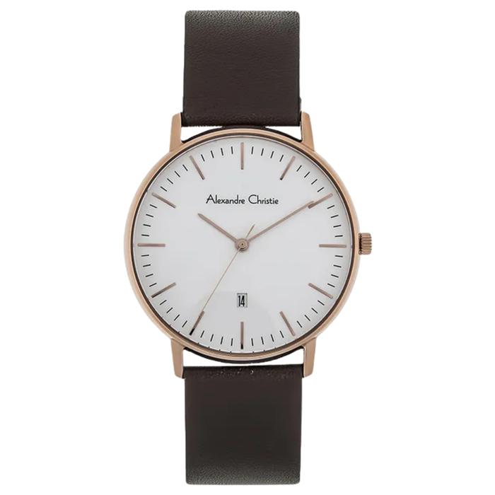 Jam Tangan Alexandre Christie AC 8420 MD White Dial Brown Leather Strap