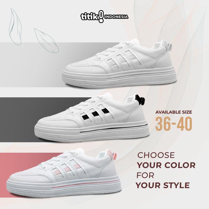 TITIK - Sepatu Sneakers Wanita Casual Model JAVA Black Sport PU Leather Injeksi Molding Putih Pink G