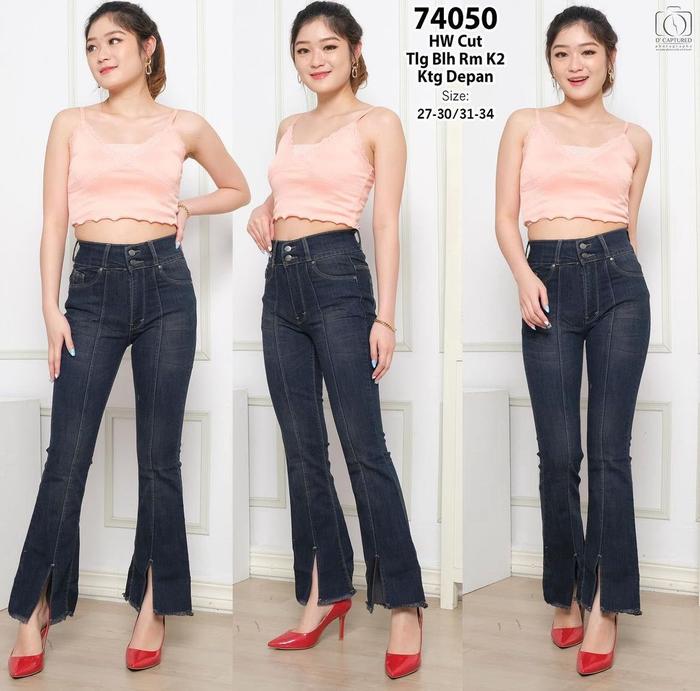 RAFARA - Celana Jeans HW Cutbray 2 Button Front Line Tulang Depan Belah Rawis Rumbay Wanita - Jeans 