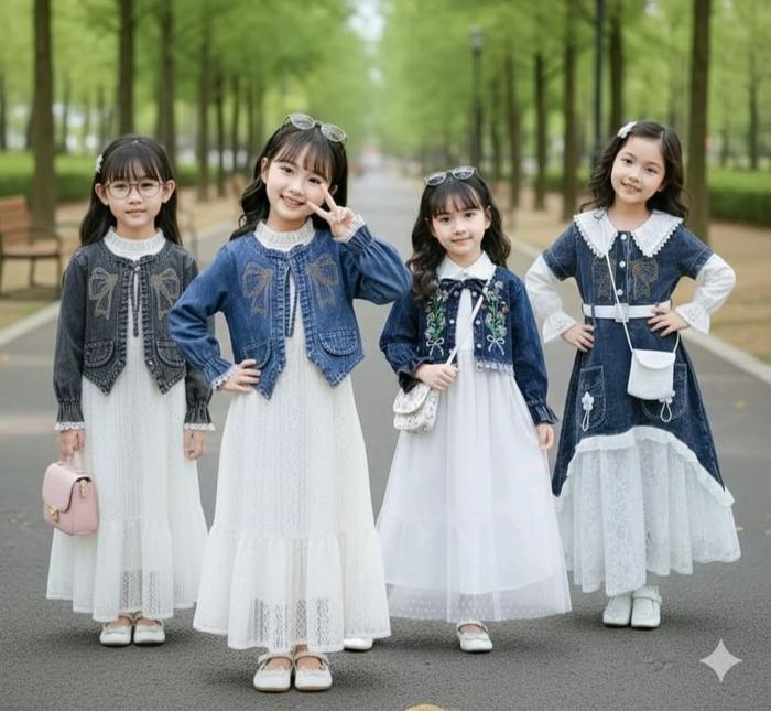 Aurel Gamis Rompi Jeans Usia Anak 3-10 Tahun Bahan Jeans Mix Brukat - Gamis Anak Motif Pita - Gamis 