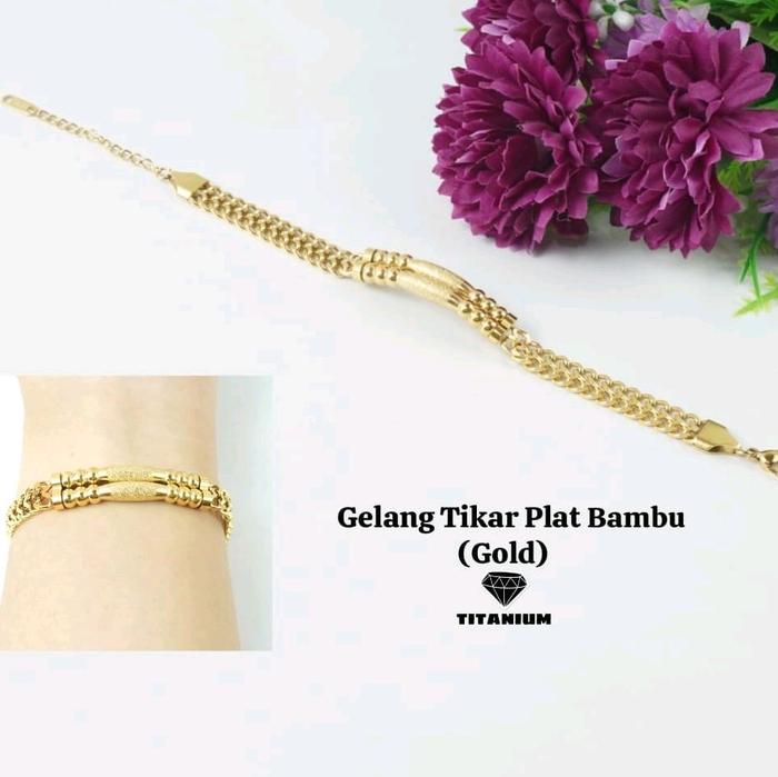 Gelang Tangan Motif Tikar Flat bambu Stainless Steel Titanium Dewasa 08 Gold Bracelets