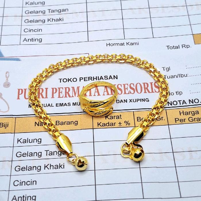 (Satu Set)gelang wanita model tikar 5Mm dan cincin serut rotan sudah berlapis emas muda free surat d