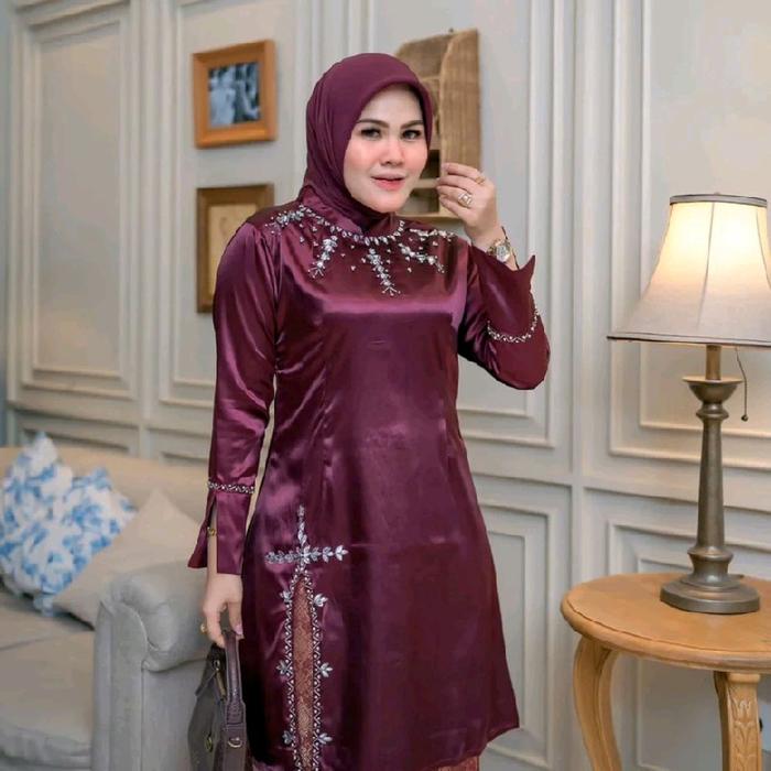 COD.!! Baju Kebayanya Saja Tunik Mahalini Melayu Baju Kurung Kondangan Mewah (Bonus Hijab) Pola Polo