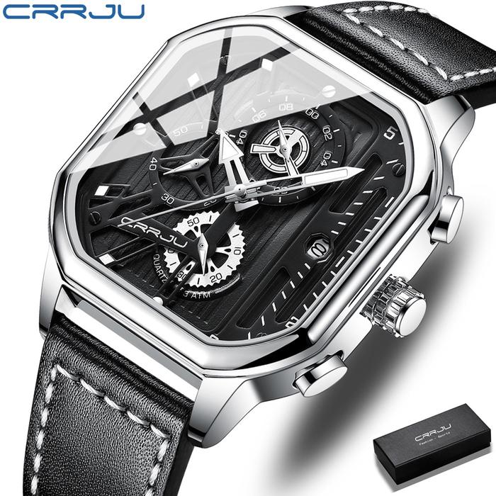 READY Jam Tangan Pria CRRJU Kasual Vintage Merek Asli Desain Persegi Kulit Fashion Militer Olahraga 