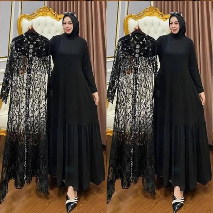 Zalia Dress Brokat Ceruty Babydoll Full Furing Mix Payet Mutiara Plus Outer Ful Brukat Terpisah Terb