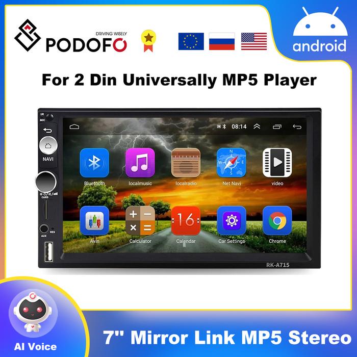 Podofo Wireless CarPlay Android Auto 2Din Car Radio Android 7' 2 Din