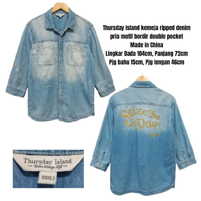 Thursday Island kemeja ripped denim pria motif bordir double pocket