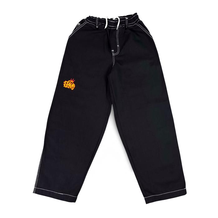Flame Everyday Celana Baggy Babybong Denim Black Jet 14oz Oversize Hitam Bordir Panjang