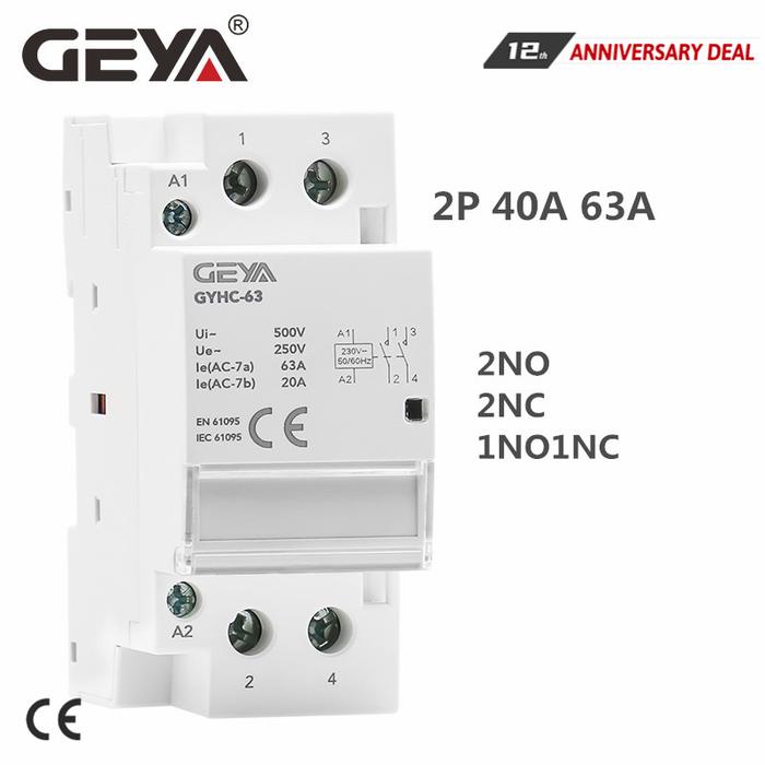 GEYA 2P 40A 63A 2NO 2NC 1NO1NC Din Rail AC Kontaktor Penggunaan Rumah