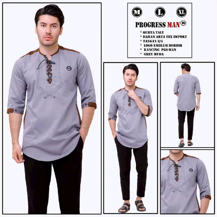 Progress Man Baju Muslim Pria Model Quilty V-neck Bahan Tex Import Tangan 3/4 Logo Emblem Bordir Ran