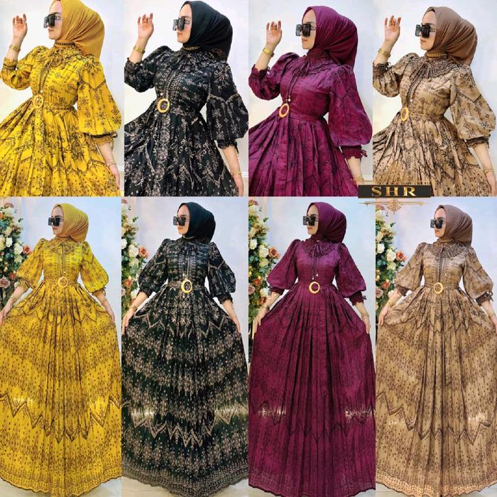 Baju Wanita Maxi Dress Katun Leher kerut Import Ori SHR dengan Kancing Original - Lembut
