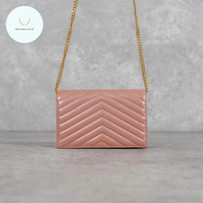 YSL YVES SAINT LAURENT 19CM GHW LAMBSKIN WOC SHOULDER BAG IN BARELY PINK