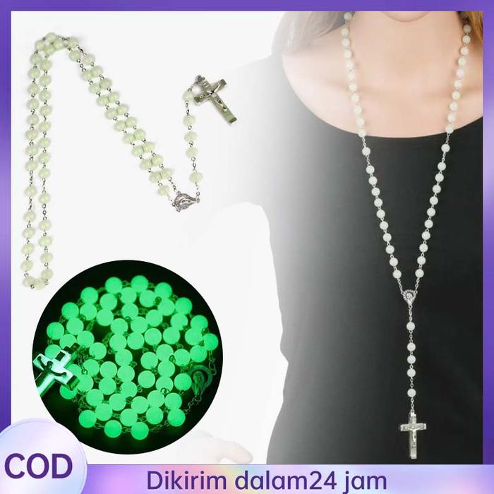 8mm Bola Rosario Fosfor Menyala Kalung Rosario Katolik Salib Rosario Katolik Fosfor Glow In The Dark
